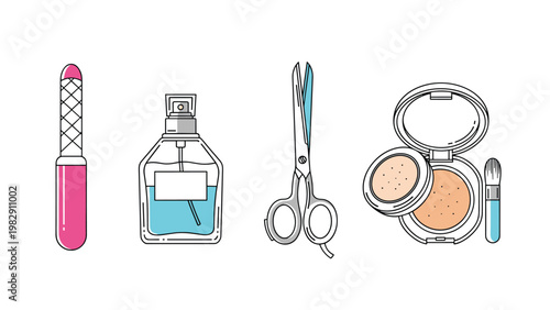 Personal care and beauty products including a nail file, perfume bottle, scissors, and a powder compact with brush.