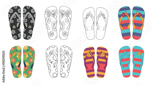 Large set of colorful flip-flops featuring various patterns like flowers and stripes in both colored and line art styles.