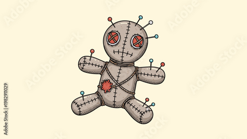 Creepy voodoo doll illustration shows a fabric figure with multiple needles inserted and stitched details on a plain background.