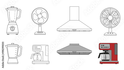 Assortment of kitchen gadgets including a blender, coffee machine, extractor hood, and table fans in line art and color.