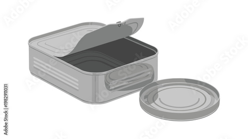 Industrial style open tin can illustration shows a metal container with its lid removed depicted in a clean grayscale aesthetic.