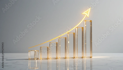 Golden bar chart with upward trend arrow on reflective surface