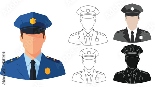 Professional police officer avatar icons set offers various visual styles including flat design and detailed black and white line art.