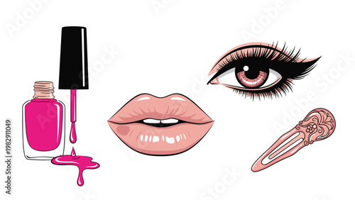 Beauty and cosmetic elements collection includes realistic illustrations of pink nail polish, luscious lips, and long eyelashes.