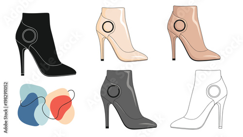Elegant collection of high heeled ankle boots showcases various fashion styles from solid black silhouettes to detailed line drawings.