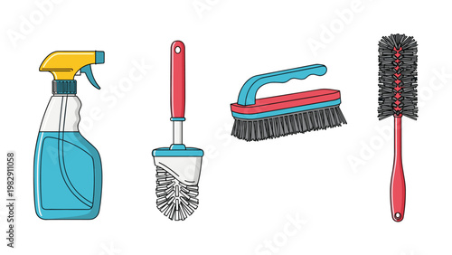 Essential household cleaning supplies are shown including a spray bottle, toilet brush, scrub brush, and a narrow bottle cleaner.