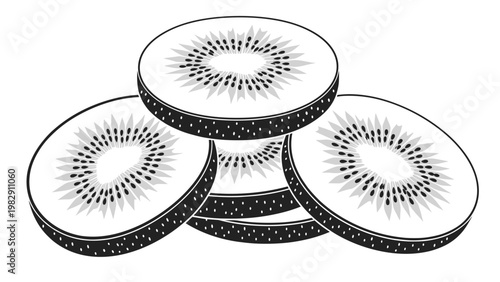 Black and white graphic illustration shows several sliced kiwi fruits stacked together highlighting the unique interior seed patterns.