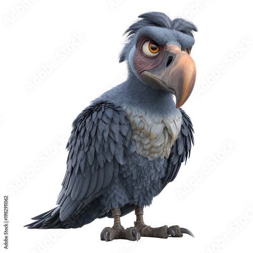 Large bird character stands with attention in a bright setting conveying a sense of curiosity and awareness in its posture during the daytime