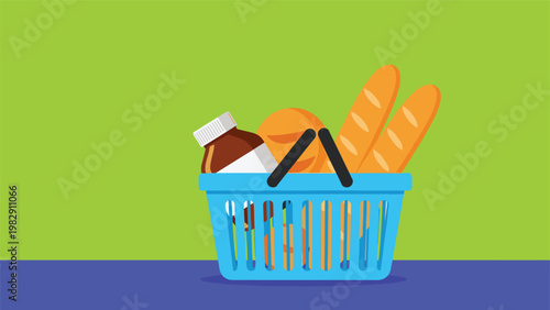 Blue plastic shopping basket is filled with fresh bakery items and a medicine bottle representing a typical grocery store run.