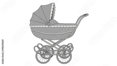 Detailed grayscale illustration of a classic vintage baby stroller features intricate wheel designs and a decorative sun canopy.