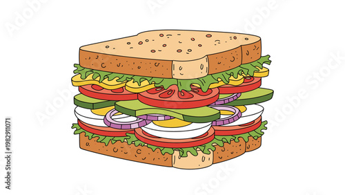 Thick multilayered club sandwich illustration features various fresh ingredients like tomatoes, cucumbers, eggs, and crisp lettuce.