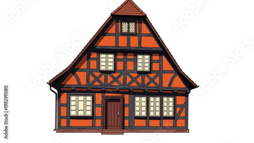 Colorful illustration of a historic half timbered house showcases traditional European architecture with its distinct orange walls.