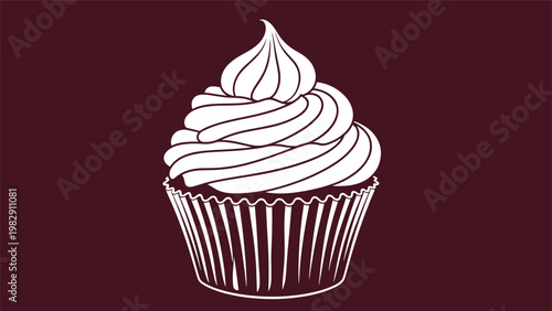 Minimalist white outline of a sweet cupcake with swirled frosting is set against a solid dark purple background for high contrast.