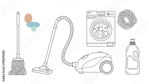 Household chores and appliance line art collection includes a vacuum cleaner, washing machine, mop, and laundry detergent bottle.