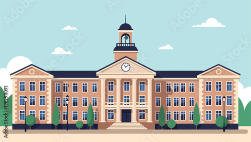 Large public building illustration shows an academic institution or government hall with columns, a clock tower, and surrounding trees.