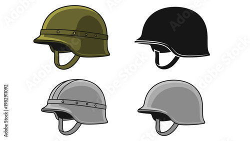 Military combat helmet icons set presents various designs used by soldiers in different artistic styles like solid colors and outlines.