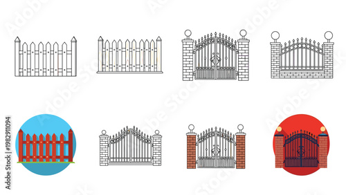 Collection of different residential fence and gate designs features various architectural styles from wooden pickets to iron gates.
