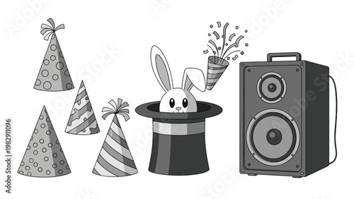 Celebration and magic show elements are depicted in grayscale including party hats, a magician rabbit, and a sound speaker system.