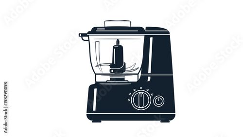 Kitchen appliance icon features a black silhouette of a modern food processor used for various cooking and food preparation tasks.