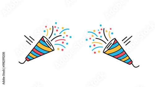 Pair of colorful party poppers exploding with multi-colored confetti and streamers to celebrate a festive event or success.