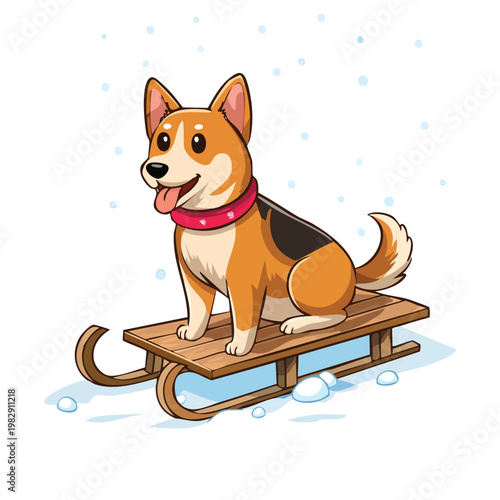 Cartoon dog sledding in winter snow illustration isolated on white