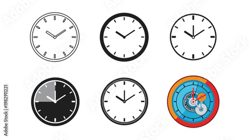 Set of diverse wall clock icons showing different designs from simple minimalist faces to a complex mechanical internal view.