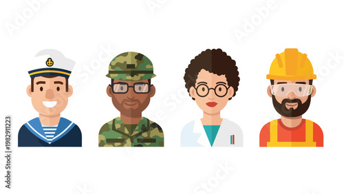 Diverse group of professional character avatars representing various occupations including a sailor, soldier, and doctor.