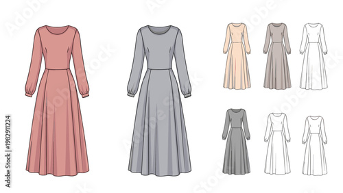 Fashion collection of elegant long-sleeved maxi dresses displayed in various color palettes and line art versions.