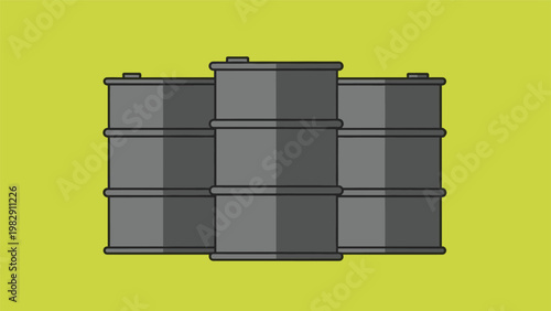 Simple vector illustration of three black industrial barrels or oil drums against a solid olive green background.