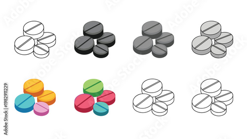 Diverse collection of round pill icons presented in various colors, silhouettes, and line art styles for medical themes.