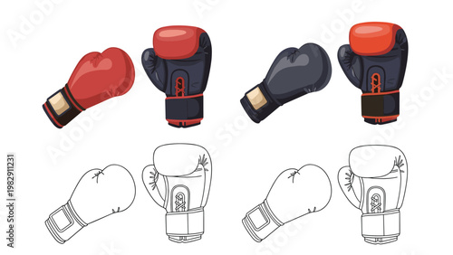 Collection of boxing glove illustrations featuring realistic red and black pairs alongside their line art outlines.