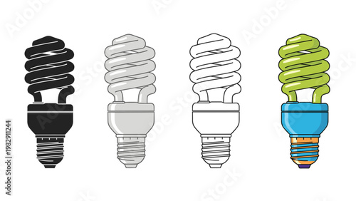 Selection of spiral compact fluorescent lamp icons shown in silhouette, grayscale, line art, and colored versions.