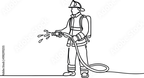 A single continuous line drawing of a brave firefighter holding a water hose to extinguish fire
