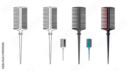 Collection of professional hair stylist comb icons presented in various styles including colored and line art versions.