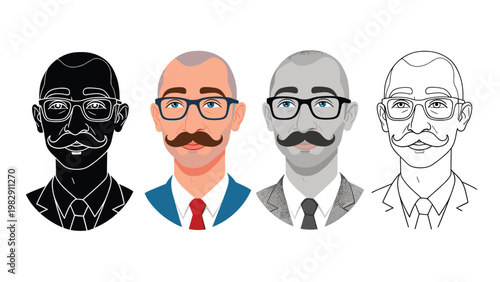 Set of male character portraits featuring a bald man with a mustache and glasses in colored, line art, and silhouette styles.