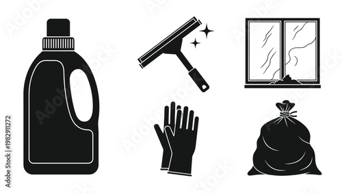 Set of black silhouettes depicting common household cleaning supplies and tasks such as detergent and window washing.