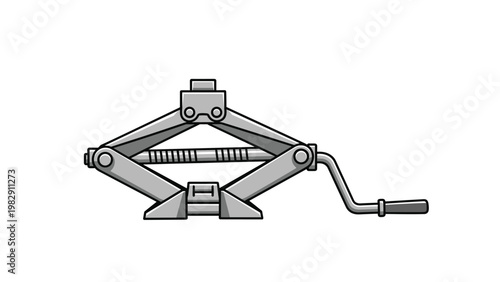 Gray industrial mechanical scissor jack used for lifting vehicles during tire changes or repairs on a white background.