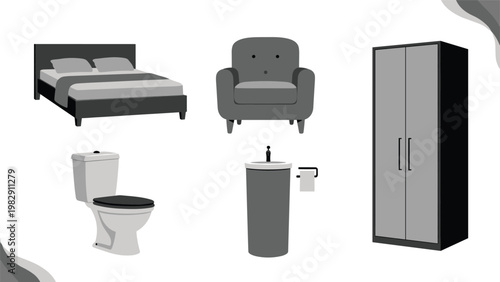 Set of household furniture and bathroom fixture icons in a grayscale flat design including a bed, armchair, and sink.