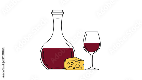 Classic still life illustration featuring a decanter and a glass of red wine paired with a wedge of yellow Swiss cheese.
