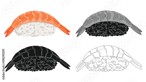 Set of shrimp nigiri sushi icons presented in realistic color, grayscale, silhouette, and detailed line art versions.