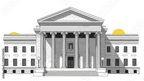 Grand architectural illustration of a neoclassical building featuring majestic columns and a pediment under a bright yellow sun.