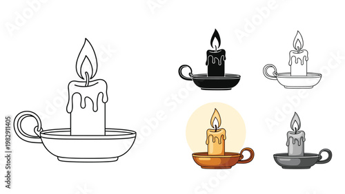 Traditional lit candle in a metal holder presented in various artistic styles including line art silhouette and realistic color.