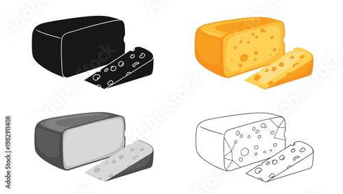 Assorted cheese blocks and wedges with holes displayed in various artistic formats from realistic color to black and white silhouettes.