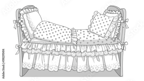 Highly detailed line drawing of an ornate baby cradle featuring decorative ruffles pillows and a soft comfortable sleeping area.