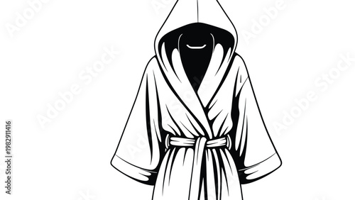 Mysterious and dramatic black and white illustration of a hooded cloak with deep shadows concealing the face of a hidden figure.