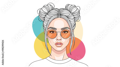 Stylish portrait of a young woman with space buns hairstyle and orange sunglasses over colorful abstract background circles.