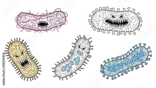 Collection of scary and colorful cartoon bacteria characters with sharp teeth and angry expressions representing germs or viruses.