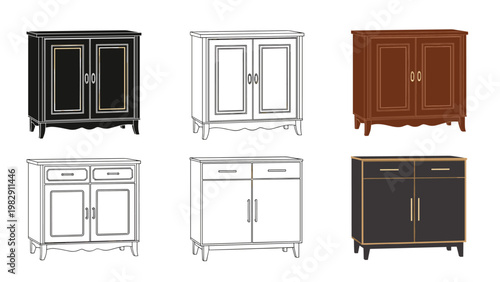Set of classic and modern wooden cabinet furniture pieces shown in various colors and sketch styles for home interior design.
