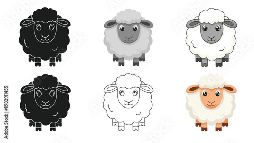 Adorable cartoon sheep character presented in a variety of styles and colors including black white gray and realistic wool tones.