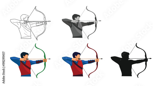 Illustration of a focused archer drawing a bow shown in multiple styles including colorful flat design line art and solid silhouettes.